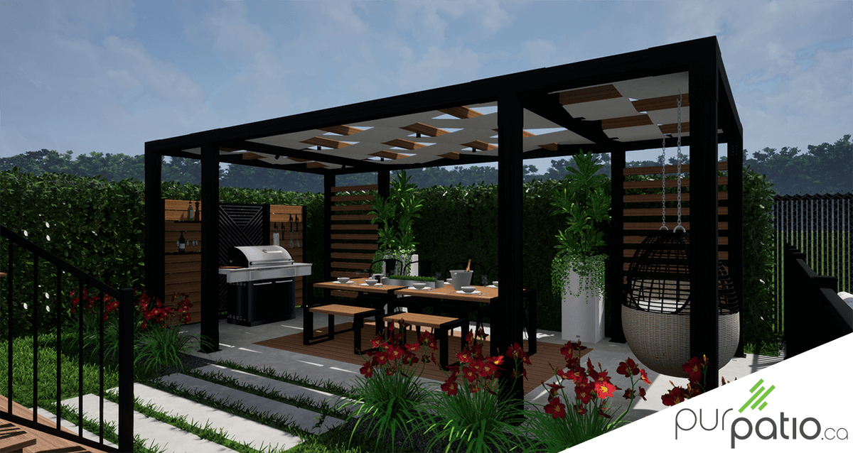 Aménagement avec pergola et poolhouse – PurPatio.ca
