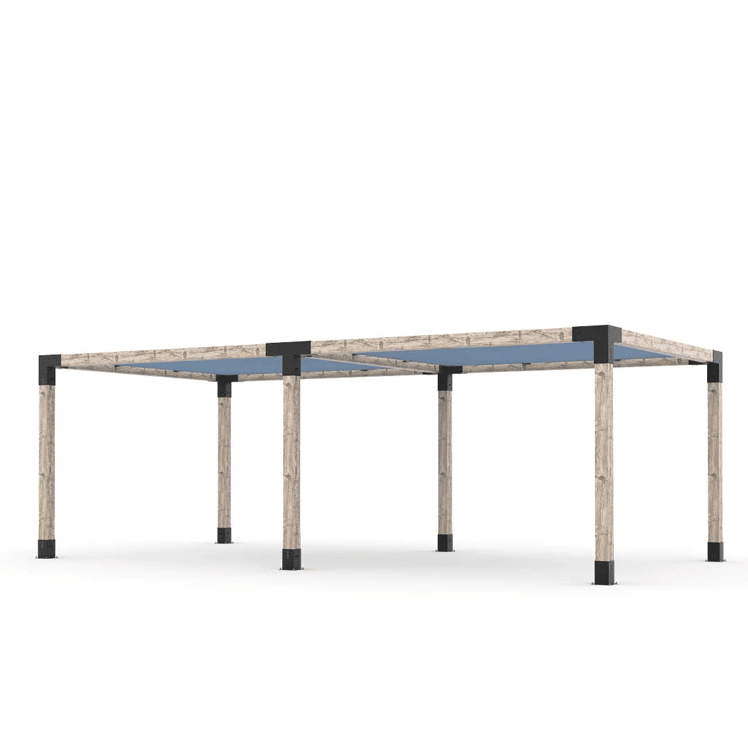 Pergola double en bois brut avec voiles Denim - Kit 6" TojaGrid - PurPatio.ca