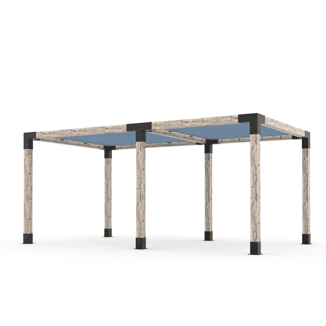 Pergola double en bois brut avec voiles Denim - Kit 6" TojaGrid - PurPatio.ca