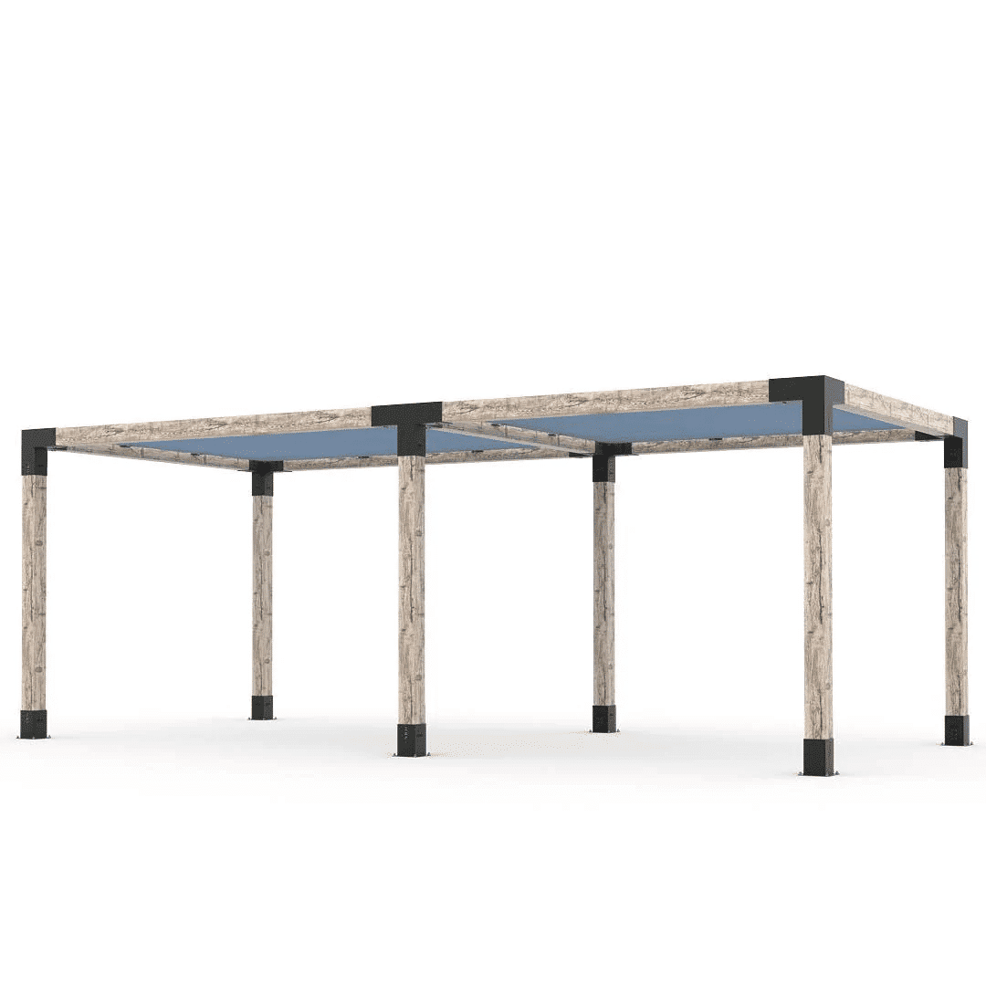 Pergola double en bois brut avec voiles Denim - Kit 6" TojaGrid - PurPatio.ca