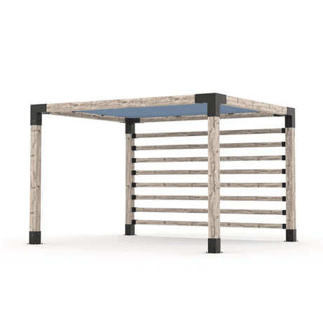 Pergola en bois brut avec voile et mur de poteaux Denim - Kit 6 po TojaGrid - PurPatio.ca